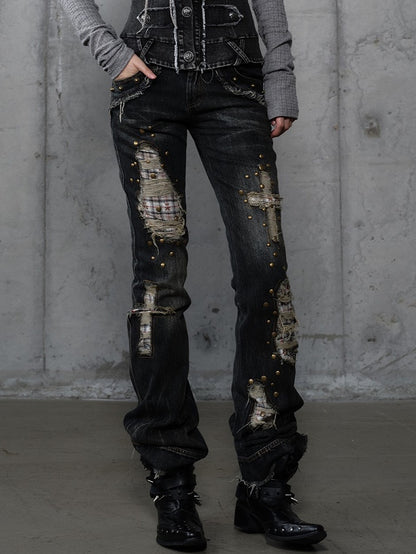 Karierte Distressed Patches Jeans Saum Punk mit ausgefranstem Black Wash Cross