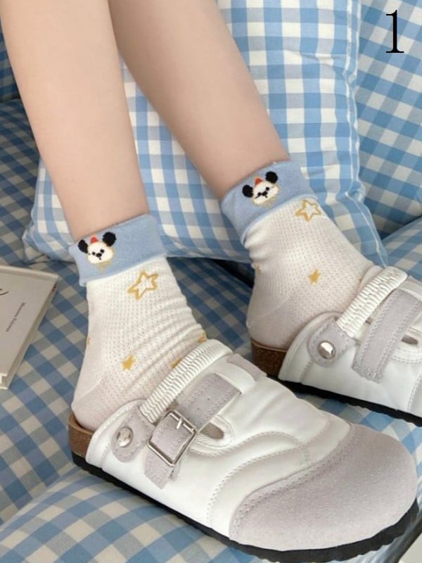 Kitty/Puppy/Bear Pattern Print Colorful Calf Socks Striped 9 Options