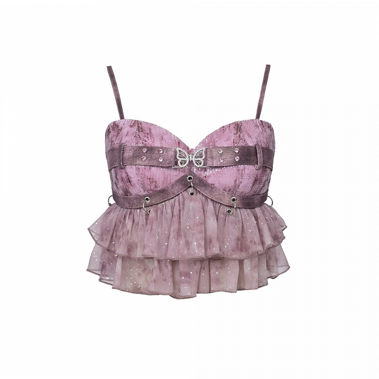 Peplum Y2K Cami Detachable with Sequin Butterfly Crop Punk Pink Rhinestone Pastel