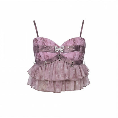 Peplum Y2K Cami Detachable with Sequin Butterfly Crop Punk Pink Rhinestone Pastel