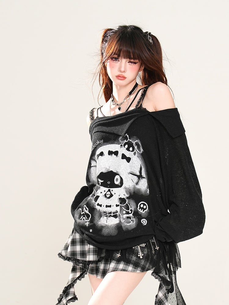 Rebellious Witch Schwarz/Weiß/Grau Ausschnitt Sonne Off-the-Shoulder Schutz Grafik Top