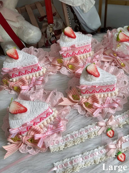 Triangle Print Hat Decoration Sweet Strawberry Mini Cake Bow with Pink Lolita