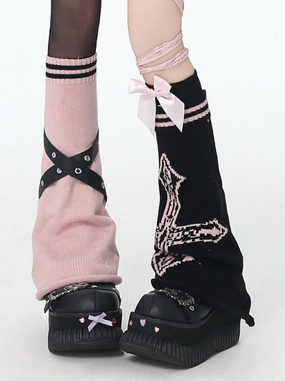 Warmers - Cross Black/Black Knitted Straps Pink/White Leg Design Asymmetrical Crisscross Y2K Pattern