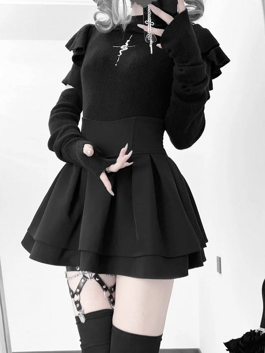 Knit Top with Snake Embroidery Mock Neck Gothic Flutter and Sleeves Black