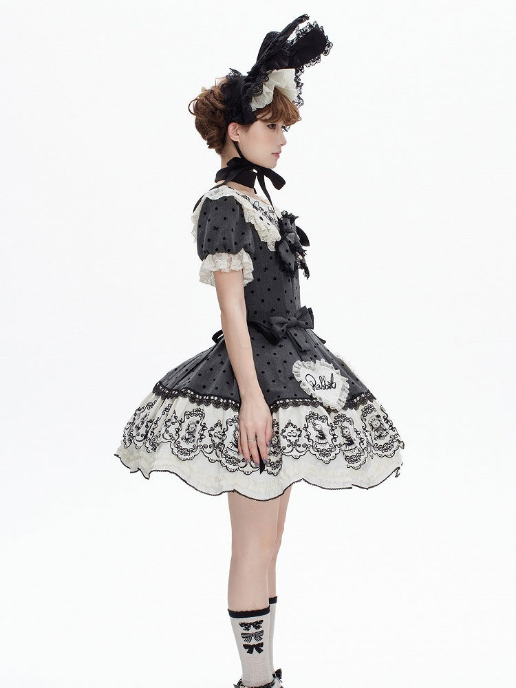 Gray Dot Sweet Lace-Trimmed Pattern Rabbit Dress Appliques with Polka Lolita Sweetheart