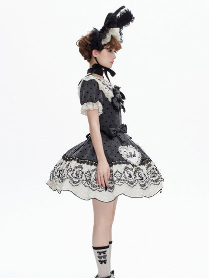 Gray Dot Sweet Lace-Trimmed Pattern Rabbit Dress Appliques with Polka Lolita Sweetheart