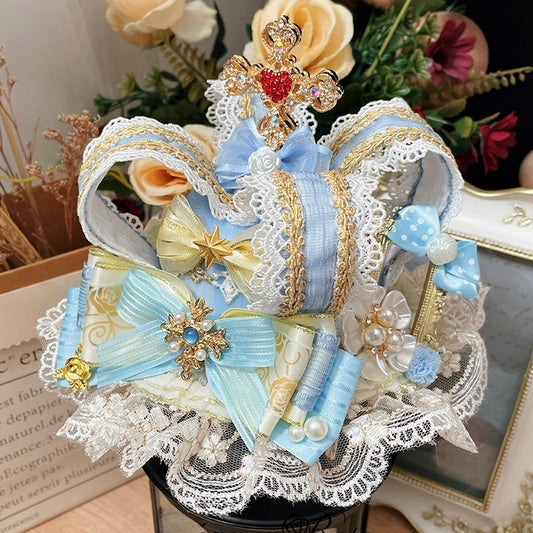 Rhinestone Beaded Crown Hime BlueWhite Hat And Mini Decorated Lolita
