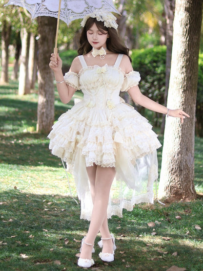 Hanayome Fairy Lolita Flower Basque Skirt Jumper Tiered Waist Hem Beige Dress