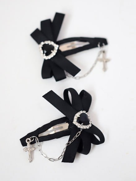 Hairclip Black/Pink Cross Kei Heart Bowknot Jirai Rhinestone