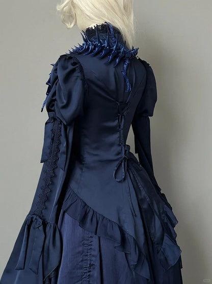 Dark Blue Long Sleeves with Flounce Cuffs Gothic Lolita  Blouse