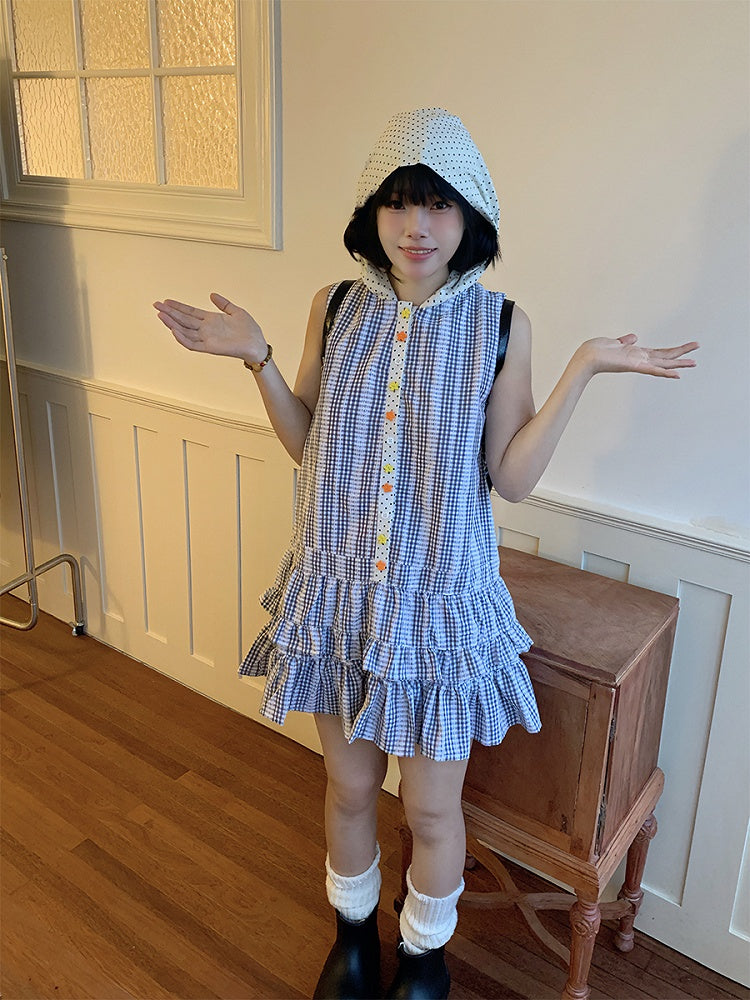 and Hooded Dots Polka Sleeveless Plaid with White Black Pattern Dress