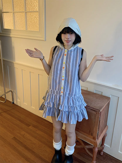 and Hooded Dots Polka Sleeveless Plaid with White Black Pattern Dress