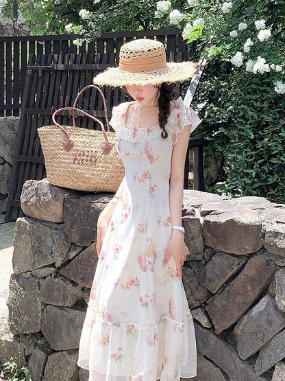 Apricot Summer Vacation Dress with Floral Pattern - Qchiwawameme