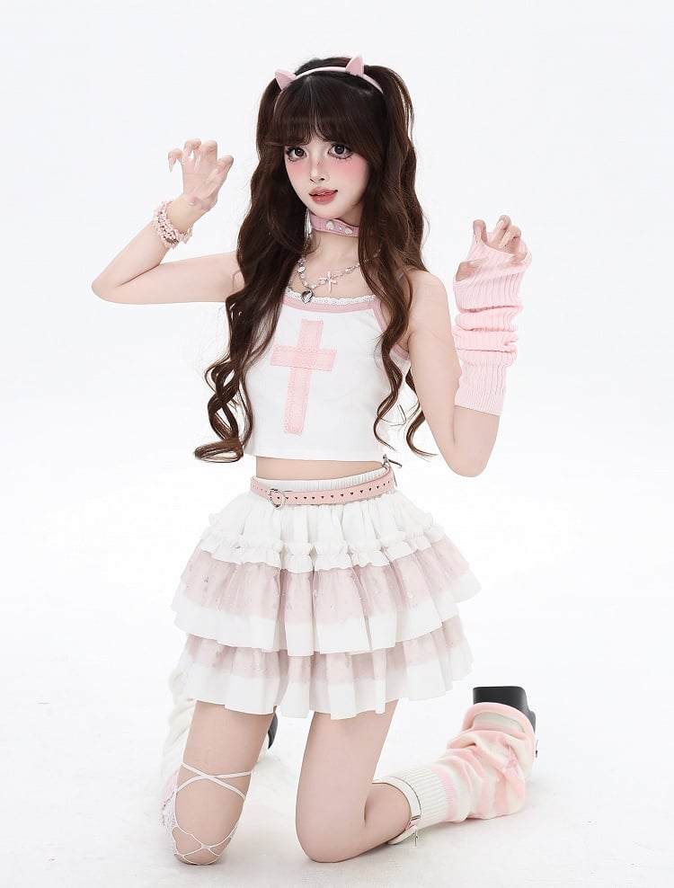 Cami with Design Cross Bittersweet Top Pink White Cropped Lace