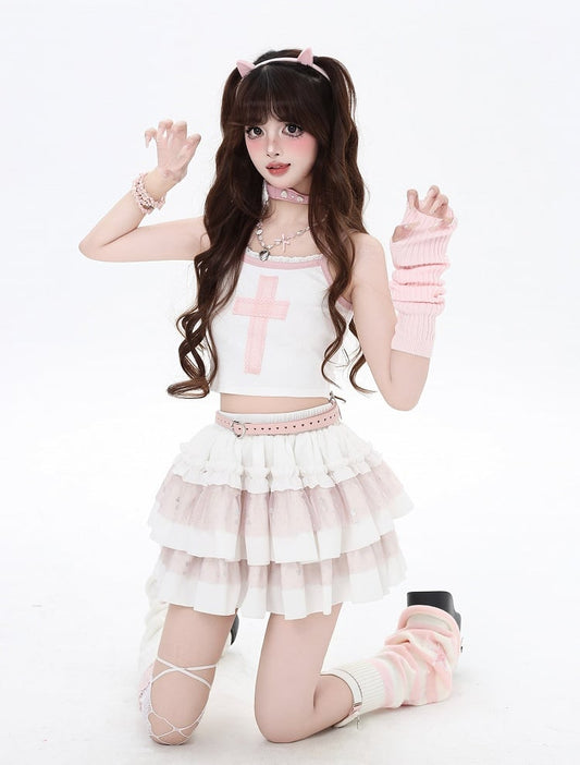 Cami with Design Cross Bittersweet Top Pink White Cropped Lace