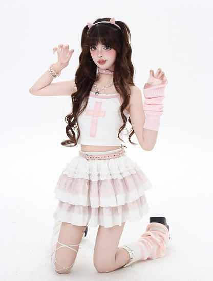 ホワイト スイートハート スパンコール パフィー ティアードスカート