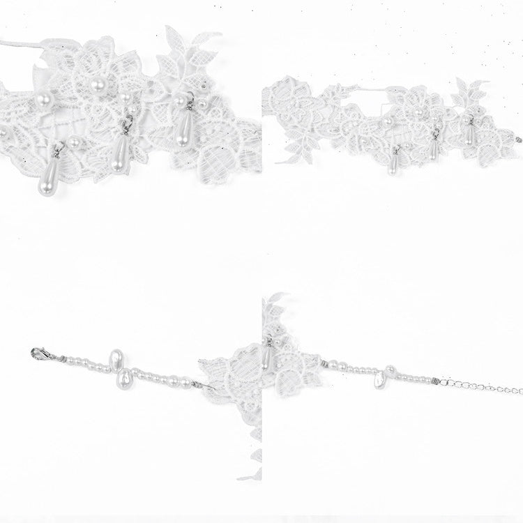 Weiße Choker-Details, Perlen-Spitzen-Applikation