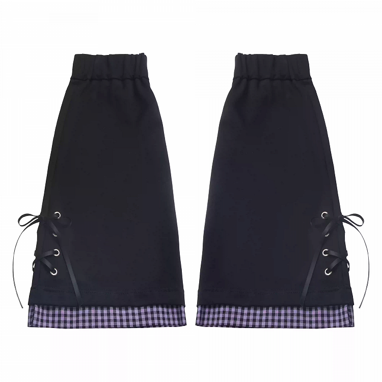 レッグウォーマー パープルチェック柄裾 ブラックレースアップディテール