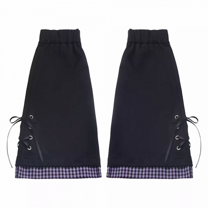 レッグウォーマー パープルチェック柄裾 ブラックレースアップディテール