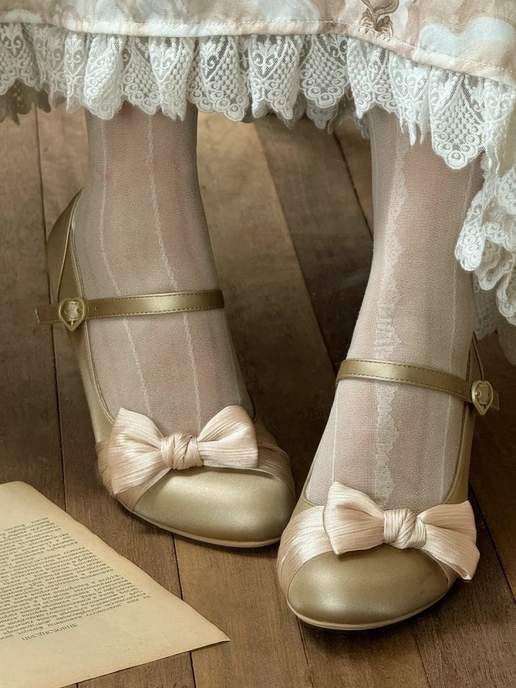 Bow Accents & Decorative Heart Snap PU Golden Mid Heels in Classic Lolita