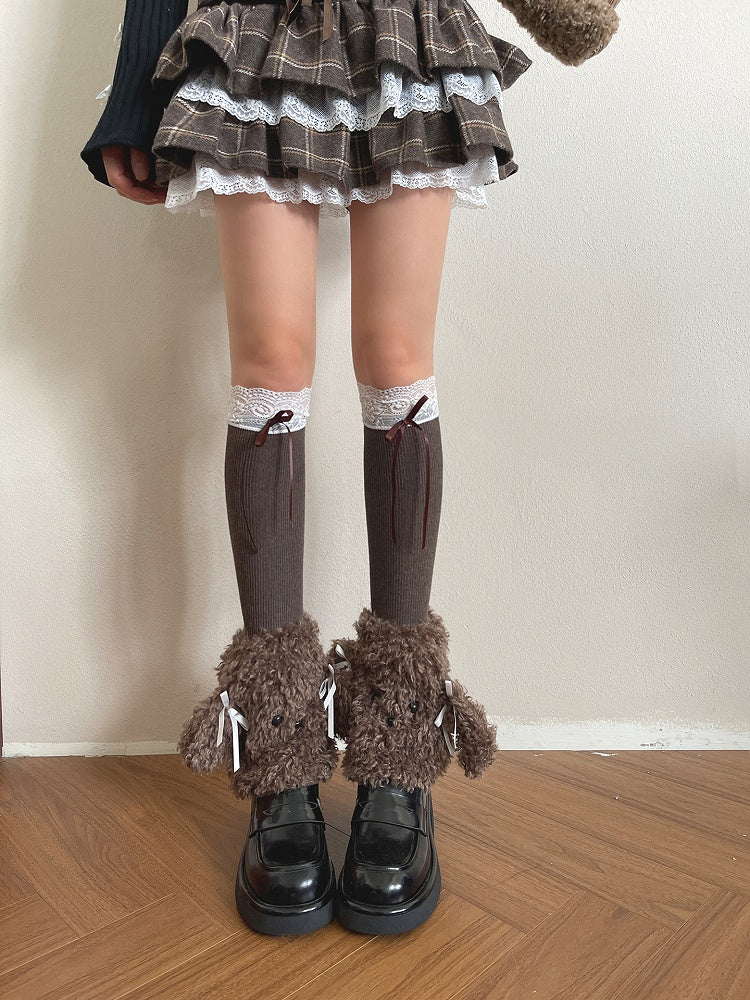 Leg Plush Decoration Puppy-Shaped Cute Warmers Bowknot with Brown