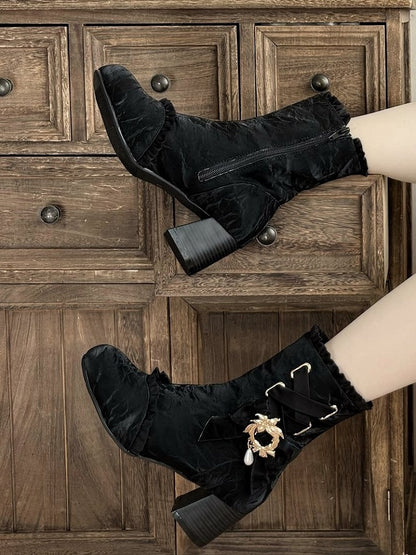 Black Lace-Up Elegant Round Toe Ankle Boots with Removable Bow Accents - Magic Peach