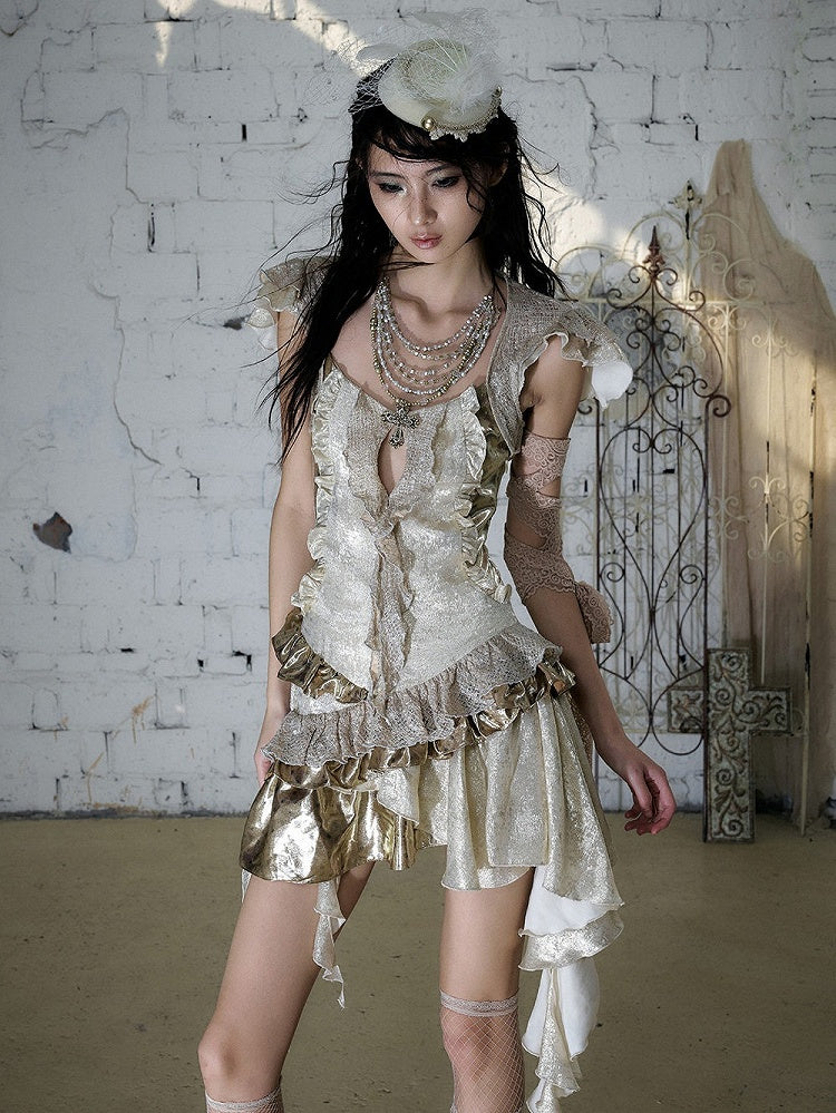 Gold Satin Two-Piece Asymmetrical Dress with Ruffle - NO ROMANCE