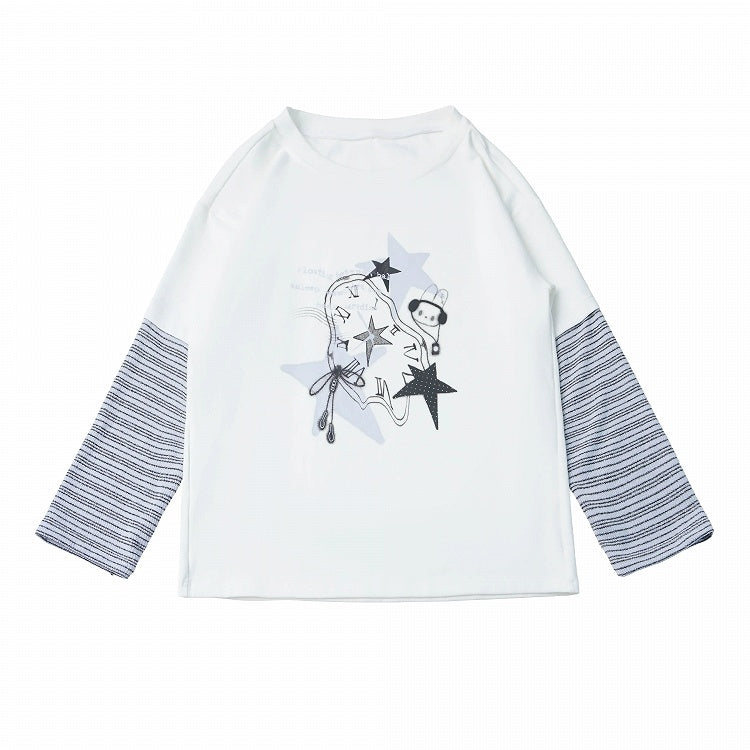 Daily Kawaii White Faux Two Piece Long Sleeve Tee with Graffiti Print & Striped Details - PINK SAVIOR