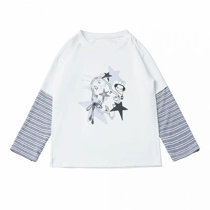 Daily Kawaii White Faux Two Piece Long Sleeve Tee with Graffiti Print & Striped Details - PINK SAVIOR