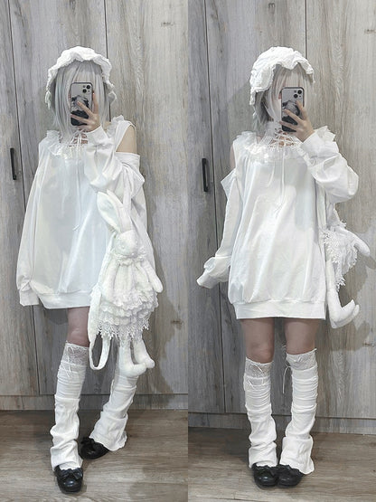 Cat-Ear Shoulder Halter with White Black Cutouts and Tie / Hoodie Jirai Kei