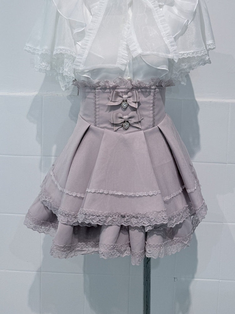 Pink Landmine High-Waisted Layered Skirt with Lace Trim and Bows - shirohato