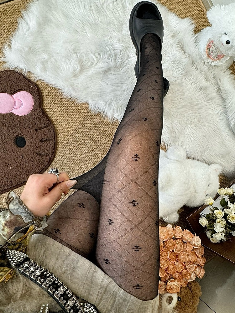 Black/White And Clover Diamond Pattern Tights Four-leaf