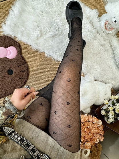 Black/White And Clover Diamond Pattern Tights Four-leaf