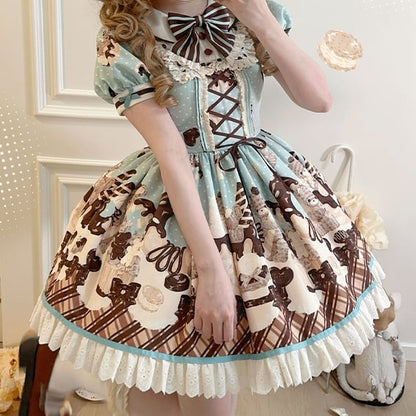 Green Sweet Print Desserts Teddy Mint Dress Lolita Chocolate and