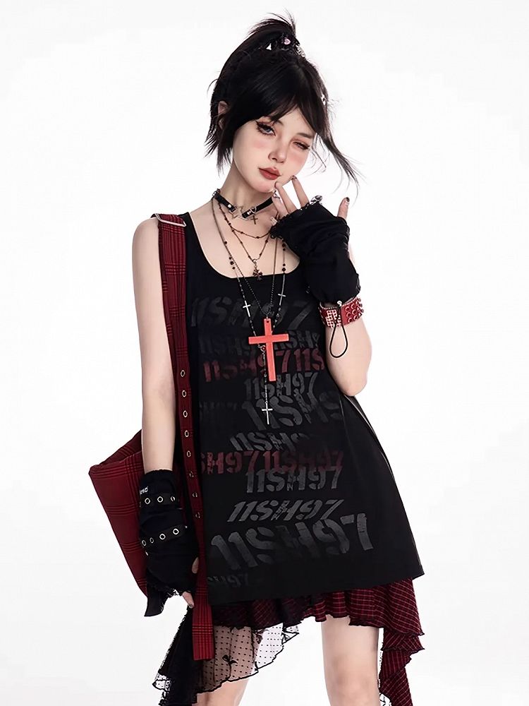 ブラック スクープネックライン レタープリント ヴィンテージ ルーズタンクトップ