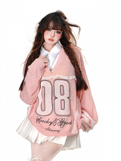 Blue/Pink Semi-sheer Lace Appliques Preppy Style Sun Protection Top Faux