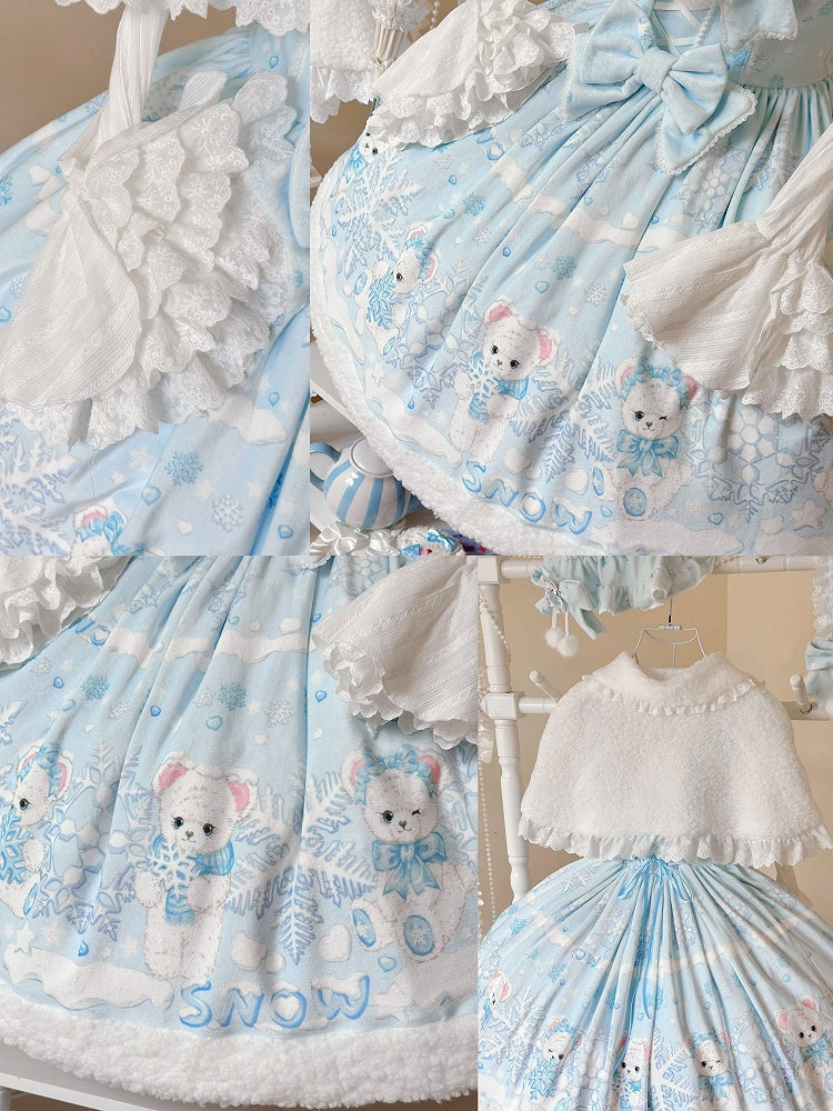 Snowflake Winter and Bear Blue Light Sweet Dress with Print Lolita