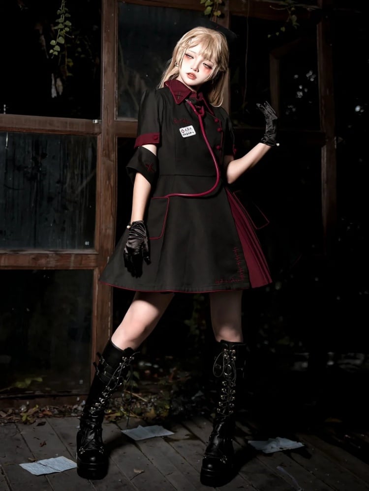 Schwarzes und rotes Halloween-Kostüm für Krankenschwestern, Lolita-Kleid, komplettes Set