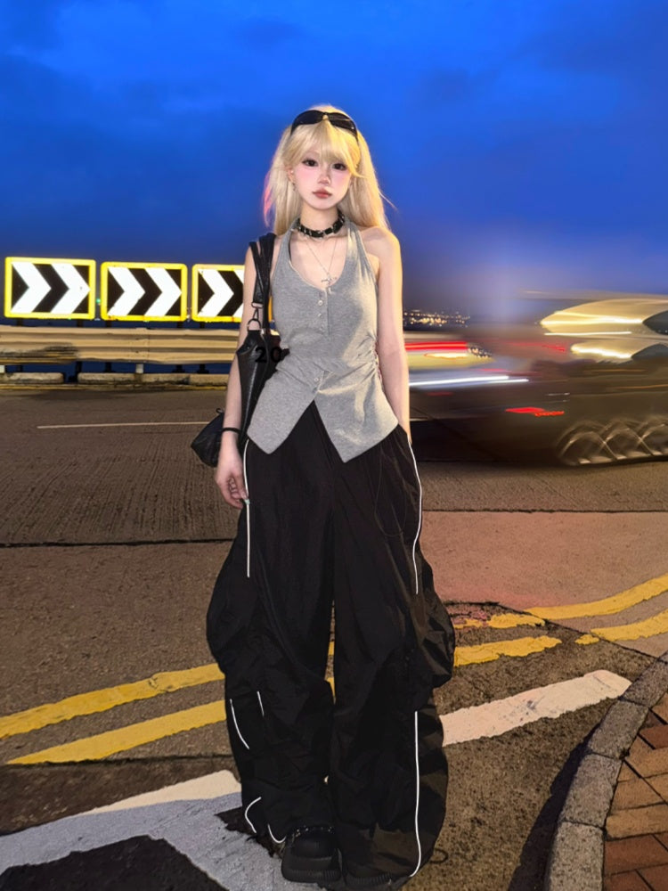 Top Gray Front Button Placket Halter Neck Glamorous Tank