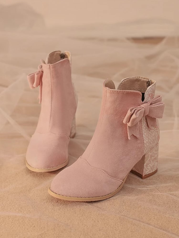Heel Version Regular/Thicken Lolita with Bow Boots Qi Block Accent Satin Combination and Suede