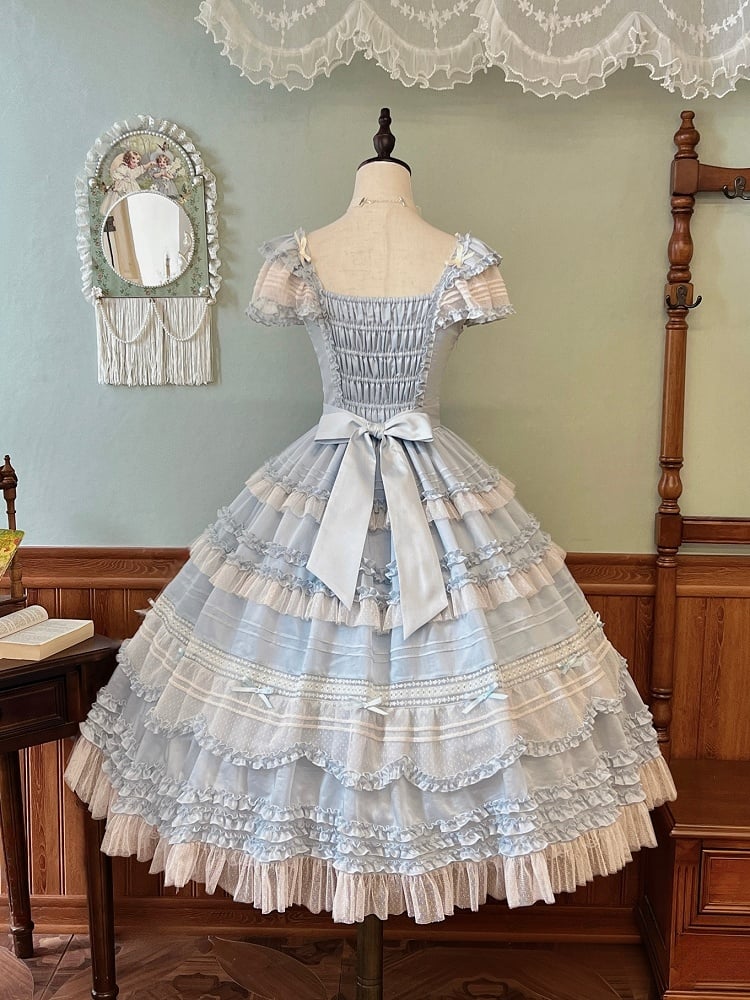 エレガントなトリムプリーツフリルクラシックロリータドレスブルーの詳細と