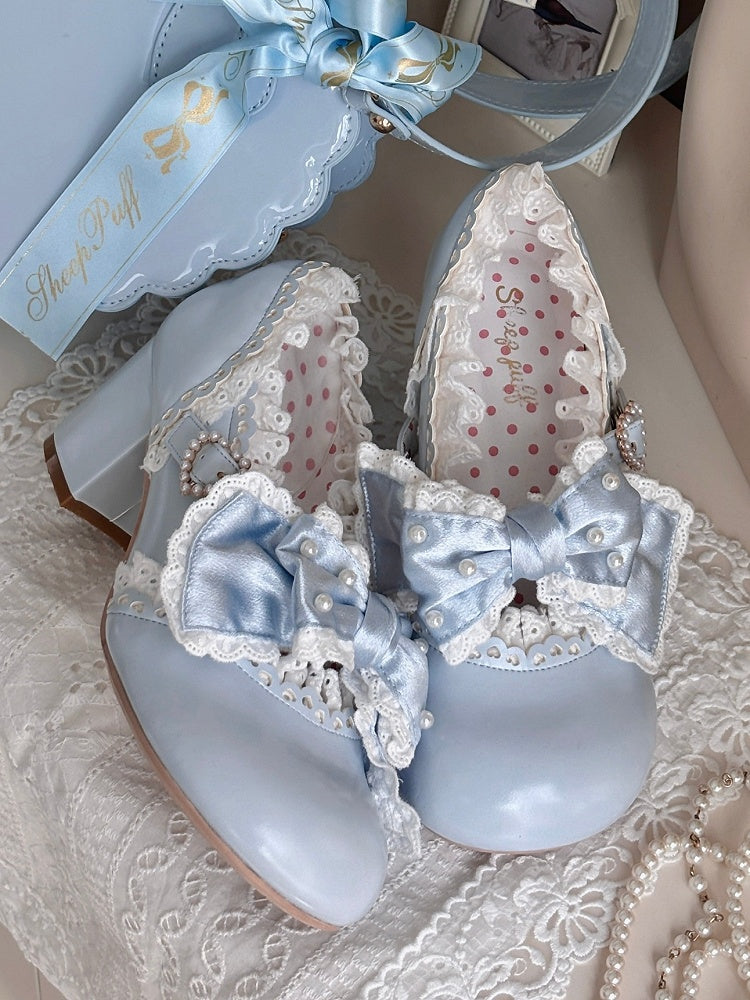 Blue Sweet Trim Mary Mid-Heel Lolita with - Style Lace Party Janes Tea