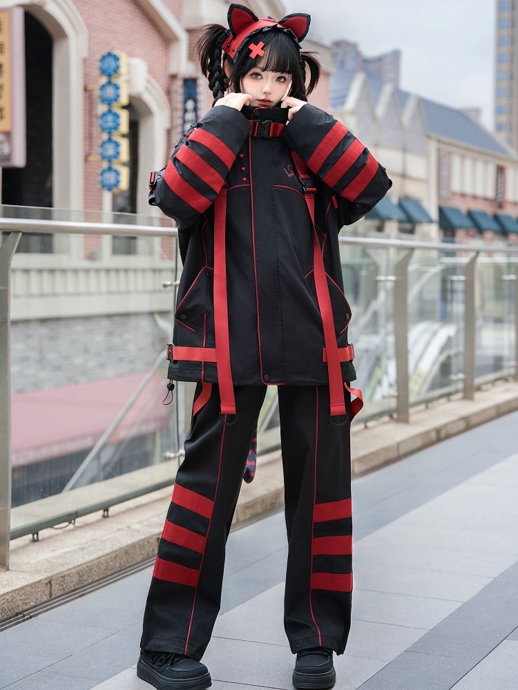 Ensemble complet de vêtements techniques futuristes Jirai Kei noir et rouge, veste coupe-vent, short et jambières