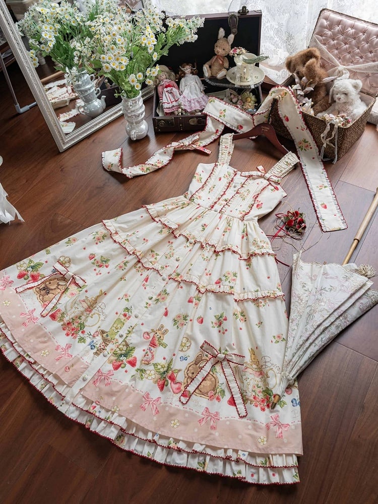 Lolita-Modekleid mit Blumenmuster und rosa Saum, Bunny Print House, Erdbeere und