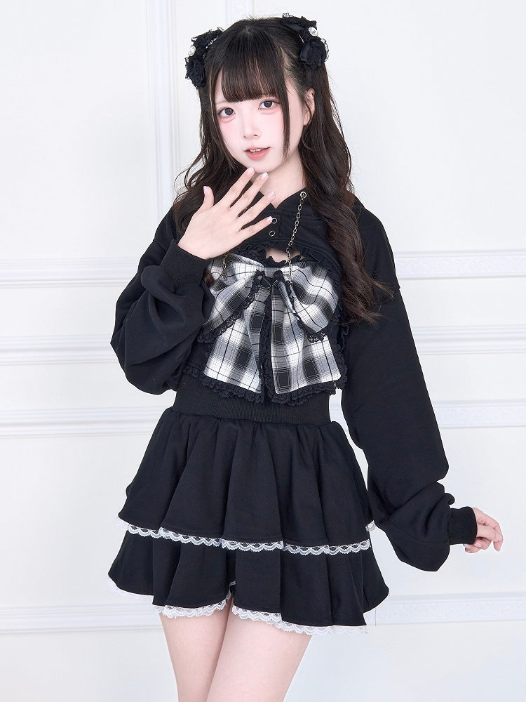Kei Bust Black Open Subculture Jirai Short Hoodie Set: Bow Tank Big Plaid Two-Piece