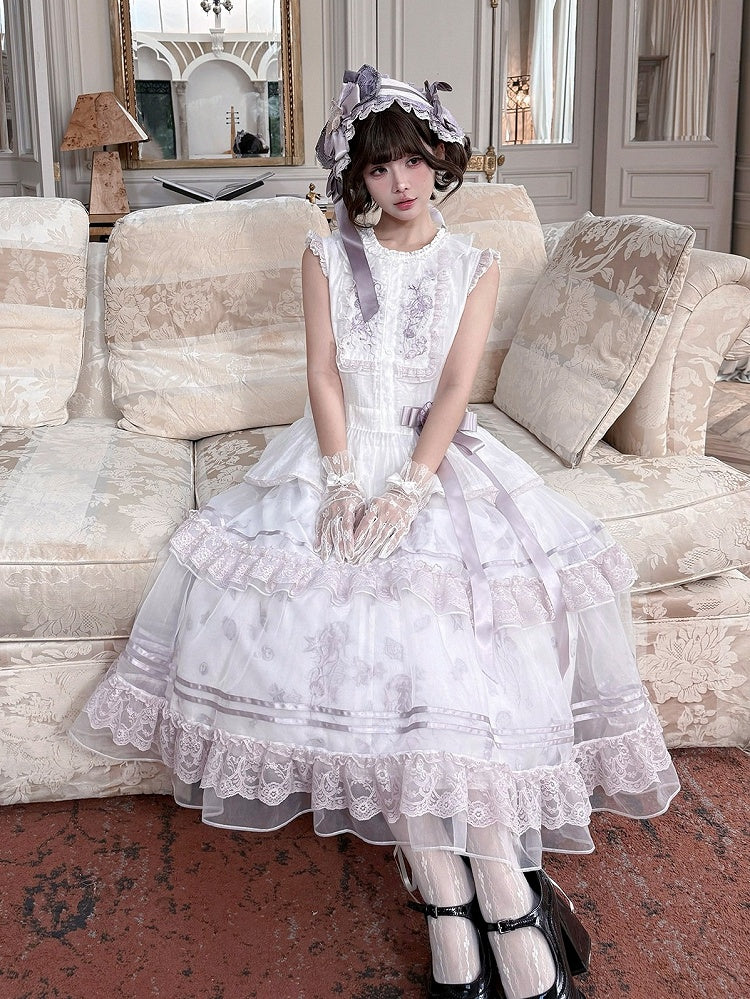 Summer Lolita Top & Skirt Set with Floral Embroidery and Lace - Yimu Walnut
