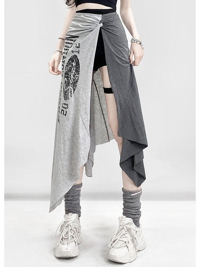 Shorts Saum Schwarz Schlitz Mit Buchstaben Asymmetrische Seite Rock Grau Druck Glamorous