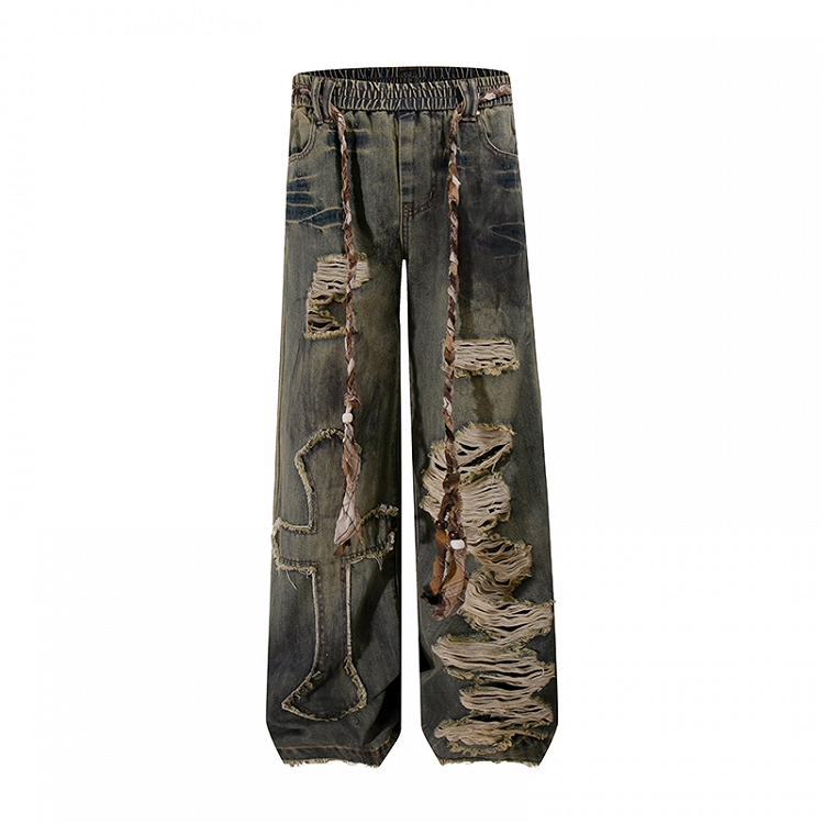 ブルー ウェイストランド パンク クロス アップリケ ダメージ加工 ホールズ ローライズ ヴィンテージ ワイドレッグ ジーンズ