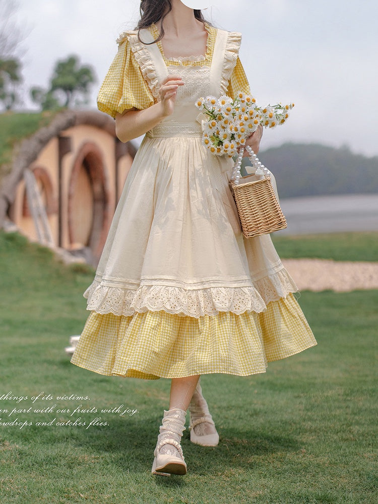 Plaid Lolita Gelb Einärmeliger Ausschnitt mit kurzem Stück und Puff Square Sweet