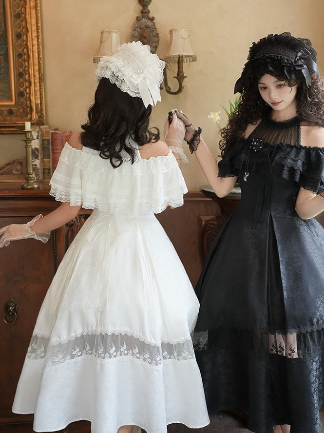 Halter Fabric Rosette Full Set Illusion Dress Jacquard Elegant White Neck